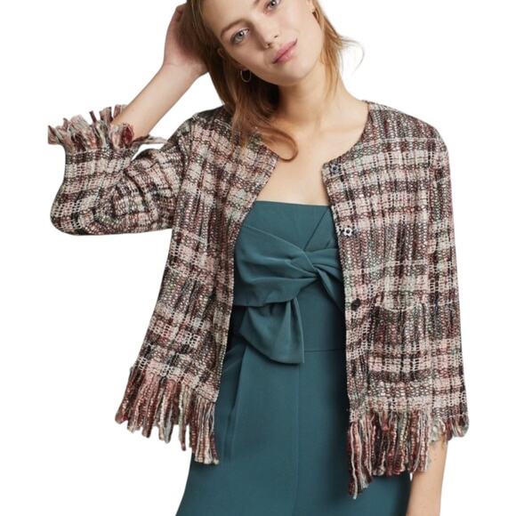 Anthropologie Tweed Fringe Blazer Women’s L Academia Neutral Boho Wool Blend NEW - Picture 1 of 7